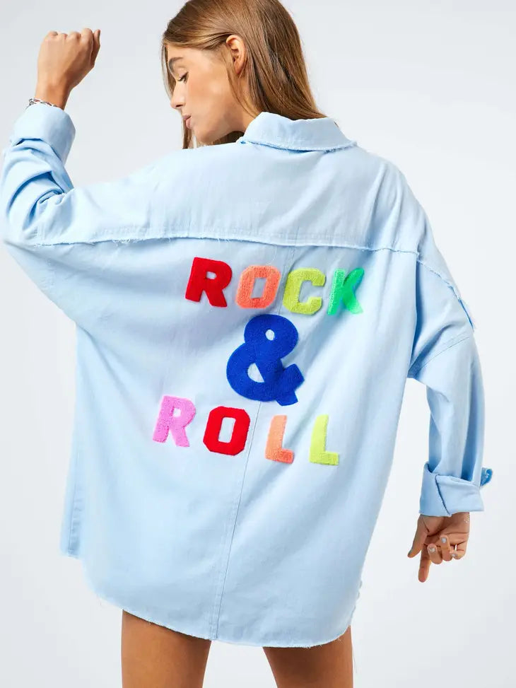 Rock & Roll Multi Color Letters Fringed Hem Shirt