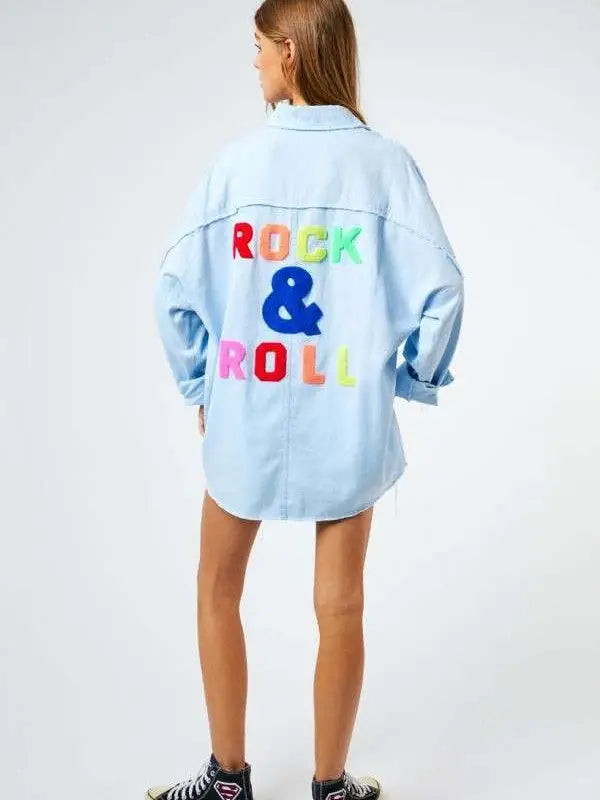 Rock & Roll Multi Color Letters Fringed Hem Shirt
